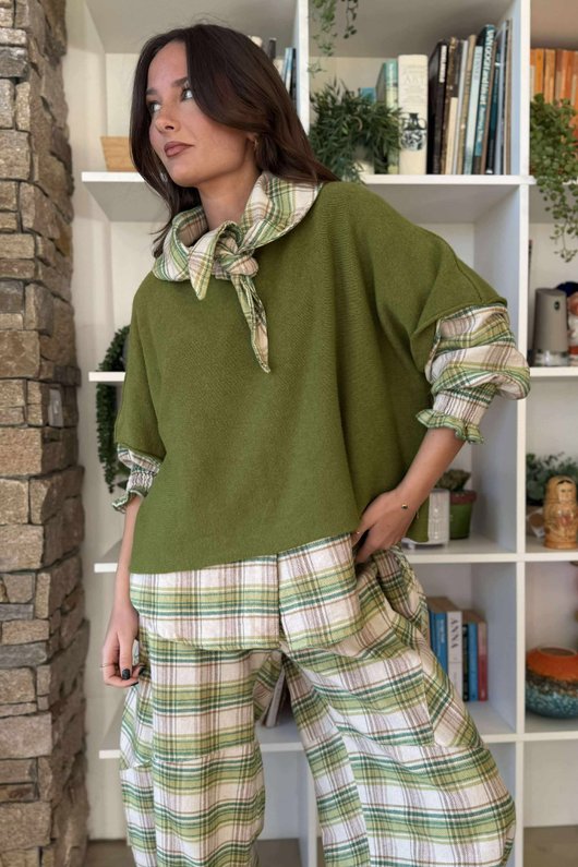 Agnes Plaid Brushed Cotton Neckerchief Blouse Greens